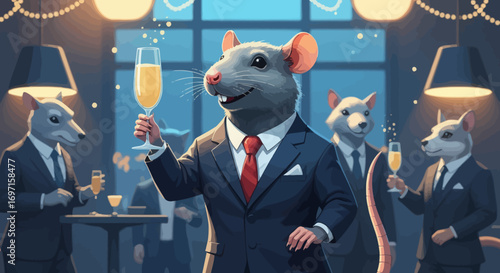 Anthropomorphic rats in business suits hold champagne flutes at a festive indoor gathering with string lights