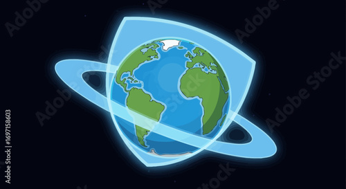 Cartoon Earth in space with blue glowing intersecting rings forming a shieldlike structure around it