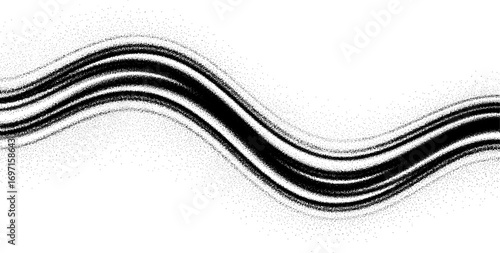 Abstract stipple wave flow in light grain texture and digital spray. Gradation of particles in monochrome background. Vector.