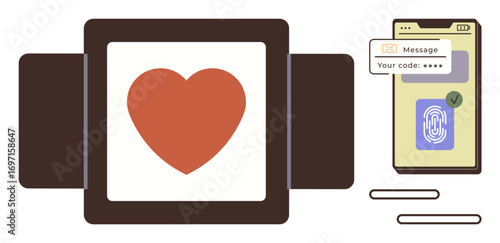 Digital heart on smartwatch next to smartphone fingerprint and security code verification. Ideal for security, health tech, biometrics, fintech, app development, innovation, simple flat metaphor