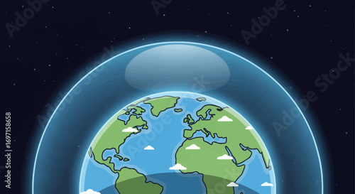 Cartoon Earth with a translucent blue dome over its upper half set against a starfilled dark blue space