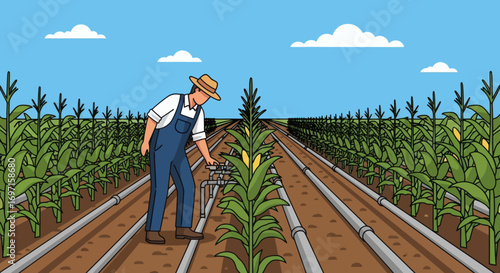 Cartoon farmer in a cornfield with irrigation pipes under a blue sky and clouds