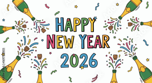 Cartoon HAPPY NEW YEAR 2026 text colorful confetti popping champagne bottles corks and stars