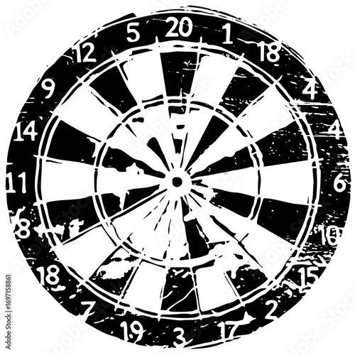 Vector Distressed dartboard with embedded darts.