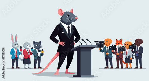 Cartoon rat in black suit speaks at podium flanked by animal reporters with microphones and cameras