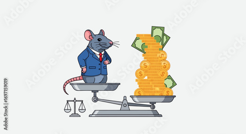 Cartoon rat in blue suit on a scale outweighed by a tall stack of gold coins and banknotes