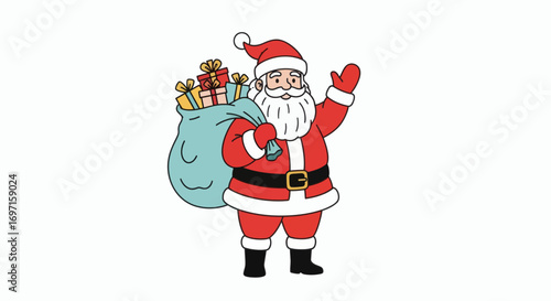 Cartoon Santa Claus in red suit white beard waving carrying a blue sack of gifts white background