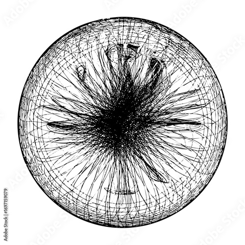 Vector Abstract explosion of linear shapes within a circular frame.