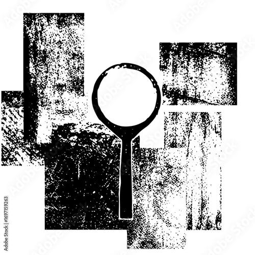 Vector Monochrome magnifying glass with distressed rectangular shapes.