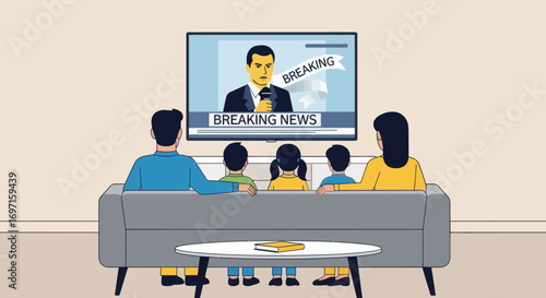 Family of five viewing a TV showing a news anchor reporting BREAKING NEWS from behind on a couch