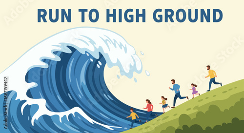 Families running uphill from a large blue tsunami wave with the warning RUN TO HIGH GROUND