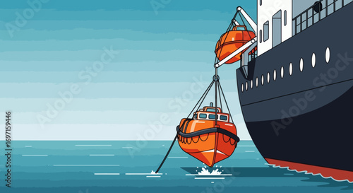 Dark grey ship deploying an orange lifeboat into the sea another lifeboat hanging above
