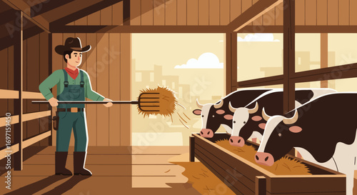 Farmer in overalls and hat feeding hay with a pitchfork to three black and white cows in a wooden barn