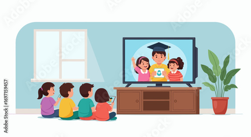 Four children watch an educational program on a TV screen in a room with a window and a plant
