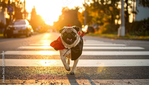 Pug in costume runs across street at sunset