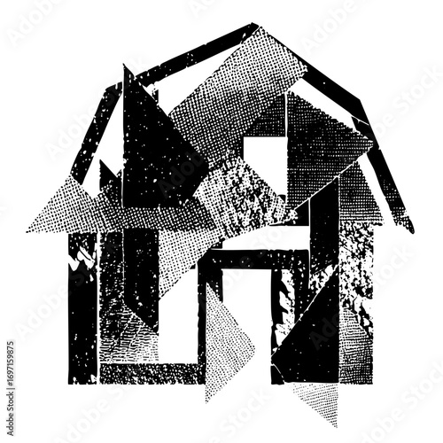 Vector Abstract geometric house with textured shapes.