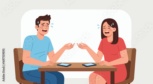 Man and woman sitting at table both appearing stressed with sweat drops gesturing with open hands above two smartphones