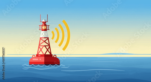 Red and white navigational buoy with light and radio signals floating on a calm blue sea under a gradient sky