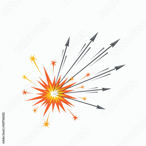 Stylized explosion with radiating orange and yellow starbursts grey arrows and streaks on white background