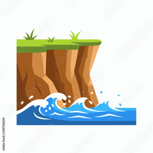 Stylized illustration of a brown cliff with green grass on its peak met by dynamic blue ocean waves