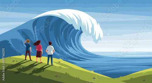 Three people stand on a green hill looking at a massive blue ocean wave under a layered blue sky
