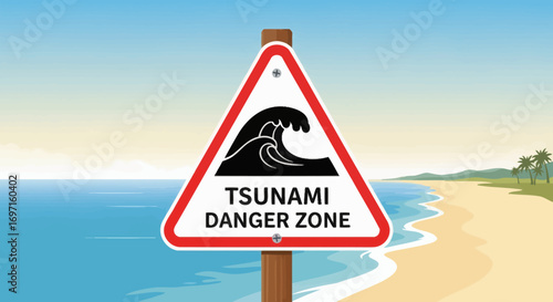Tsunami danger zone warning sign on a beach with ocean sand palm trees and distant hills
