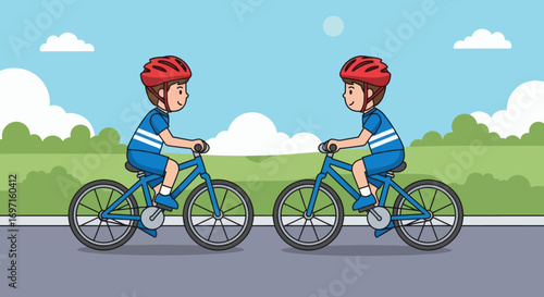 Two cartoon boys in blue outfits and red helmets ride blue bicycles on a grey road facing each other with green nature background