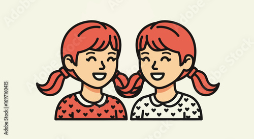 Two cartoon girls with red pigtails smiling wearing heartpatterned shirts against a plain beige background