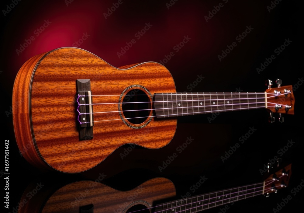 Fototapeta premium Elegant wooden ukulele with glowing strings and reflection.
