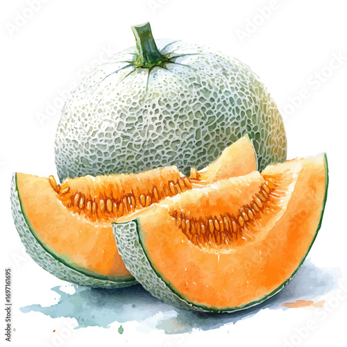 Cantaloupe, watercolor clipart vector, isolated on a white background.