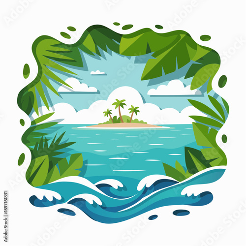 Idyllic tropical island with palm trees and turquoise waves, framed by lush green foliage, evoking a sense of paradise and exotic travel