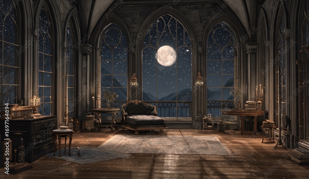 Obraz premium Gothic castle bedroom at night, full of antique furniture