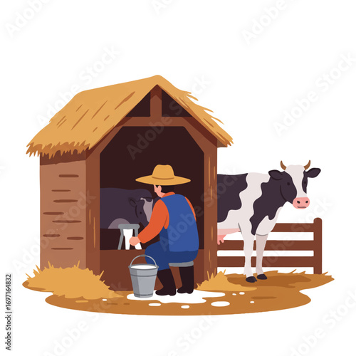 A vibrant 2D flat vector illustration shows a simplified farmer character hand-milking a cow in a traditional stable, with a bucket collecting fresh milk against a clean white background.