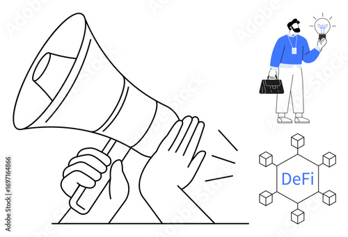 Loudspeaker amplifying ideas, man holding lightbulb symbolizing innovation, DeFi network connections. Ideal for blockchain, marketing, fintech, startup, communication innovation networking. Simple