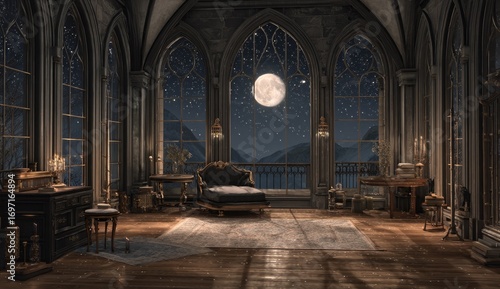 Gothic castle bedroom at night  full of antique furniture