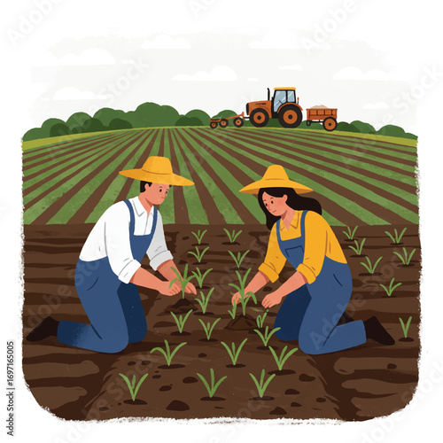 A vibrant flat 2D vector illustration depicts a male and female farmer diligently planting green seedlings in a cultivated field, featuring rows of crops and a distant tractor.