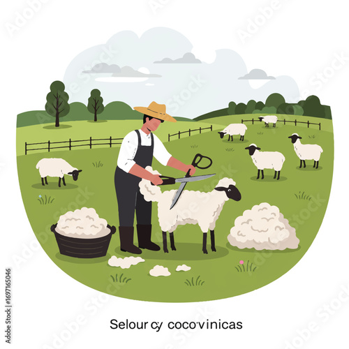 Vibrant 2D flat vector illustration shows a farmer shearing a sheep, wool pile forming, and other sheep grazing in a green pasture, with clean outlines on a white background.