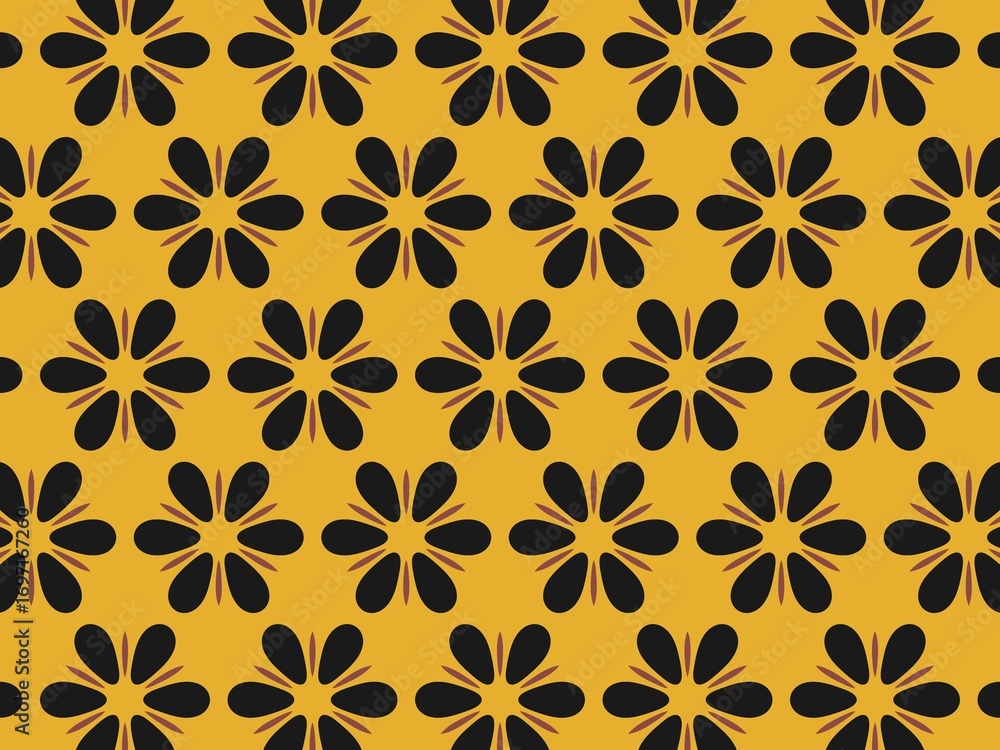 Fototapeta premium Black floral pattern on a mustard background.