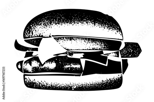 Vector Detailed monochrome of a stacked burger with visible layers.