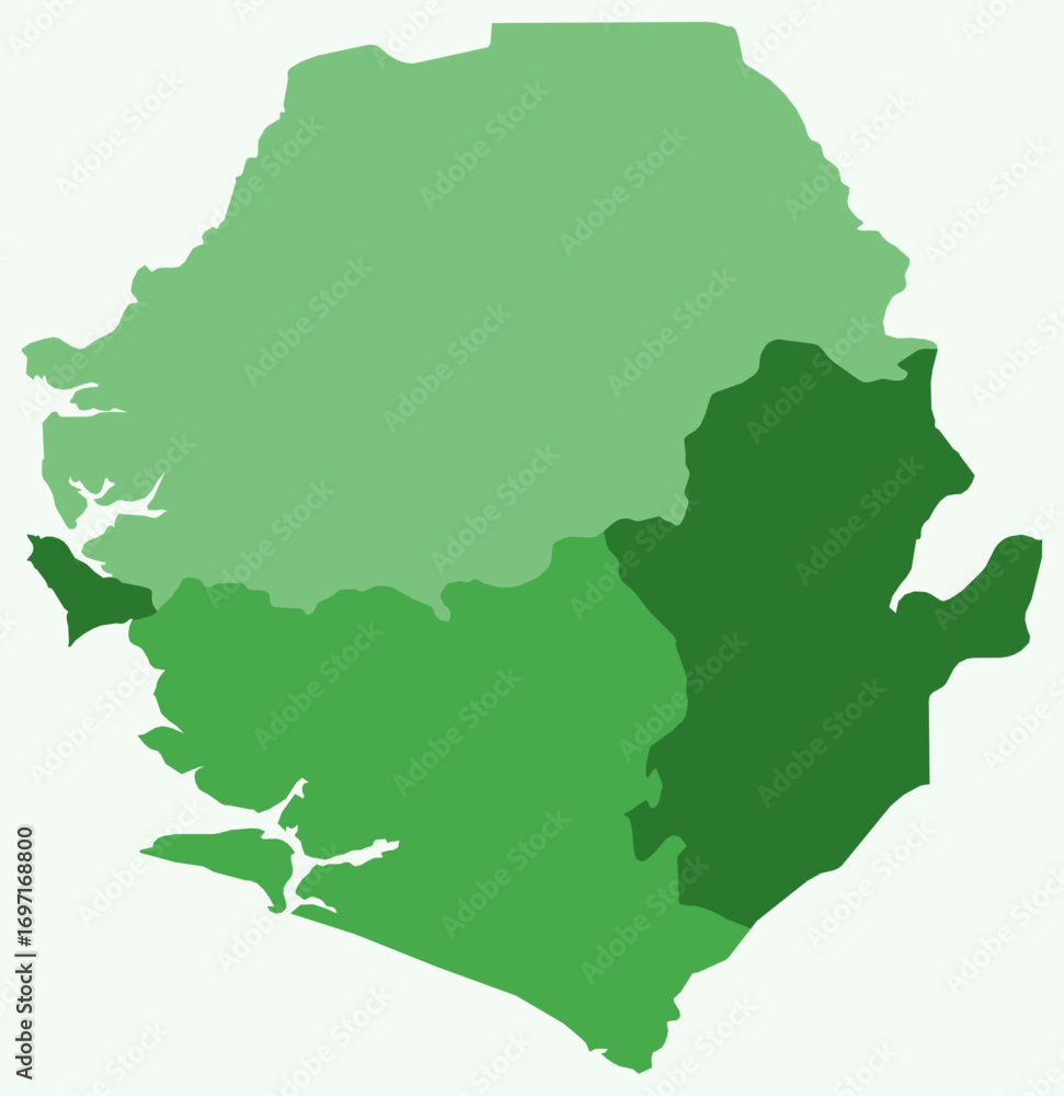 Obraz premium Map of Sierra Leone with regions. Just a simple country border map with region division. Green color palette. Plain Sierra Leone shape with administrative division. Vector illustration.