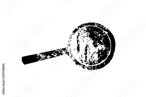 Vector Distressed magnifying glass examines a shadowed form.