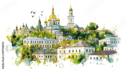 Kyiv Pechersk Lavra. Kyiv Pechersk Lavra watercolor vector illustration