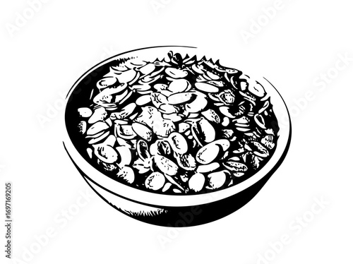 Vector Bowl of legumes features a detailed monochrome .