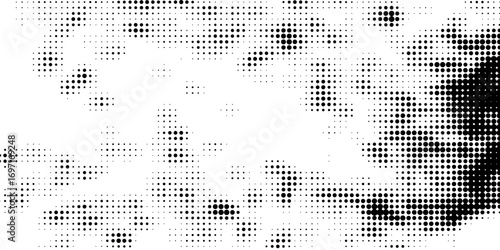 Grunge halftone gradient background. Faded gritty noise texture. Monochrome texture for printing on badges, posters, and business cards. Vintage pattern of randomly arranged dots.