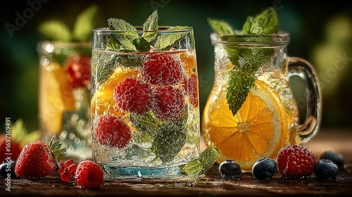 Fruit infused water in glasses and a pitcher outdoors on a table.