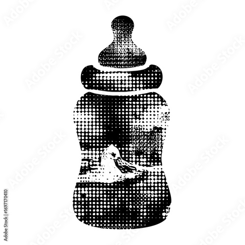Vector Stylized baby bottle with bird silhouette.