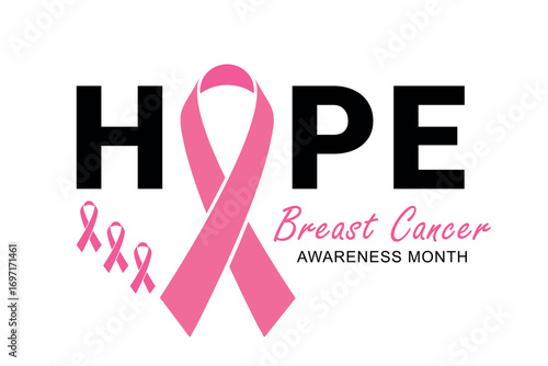 October is hope typography, breast cancer awareness month poster, banner, placard, card, text with pink ribbon, vector illustration