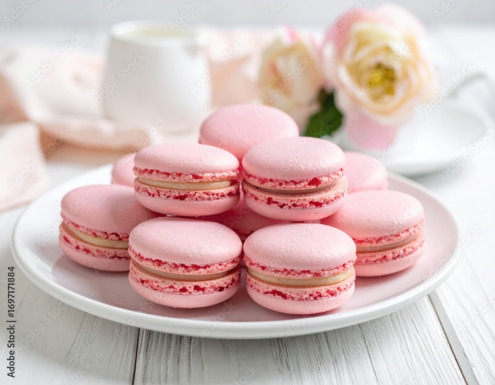 Obraz premium Sweet pink macarons stacked neatly on porcelain dessert plate