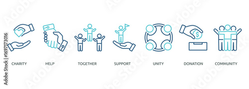 volunteering outline color banner icon of charity, help, together, support, unity, donation, community