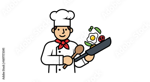 An illustration of a happy chef preparing a delicious meal with fried egg, tomatoes, and greens for cooking websites and culinary education posters